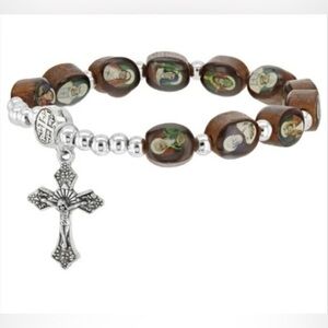 Wooden Silver Tone All Saints Of Ireland Rosary Celtic Bracelet